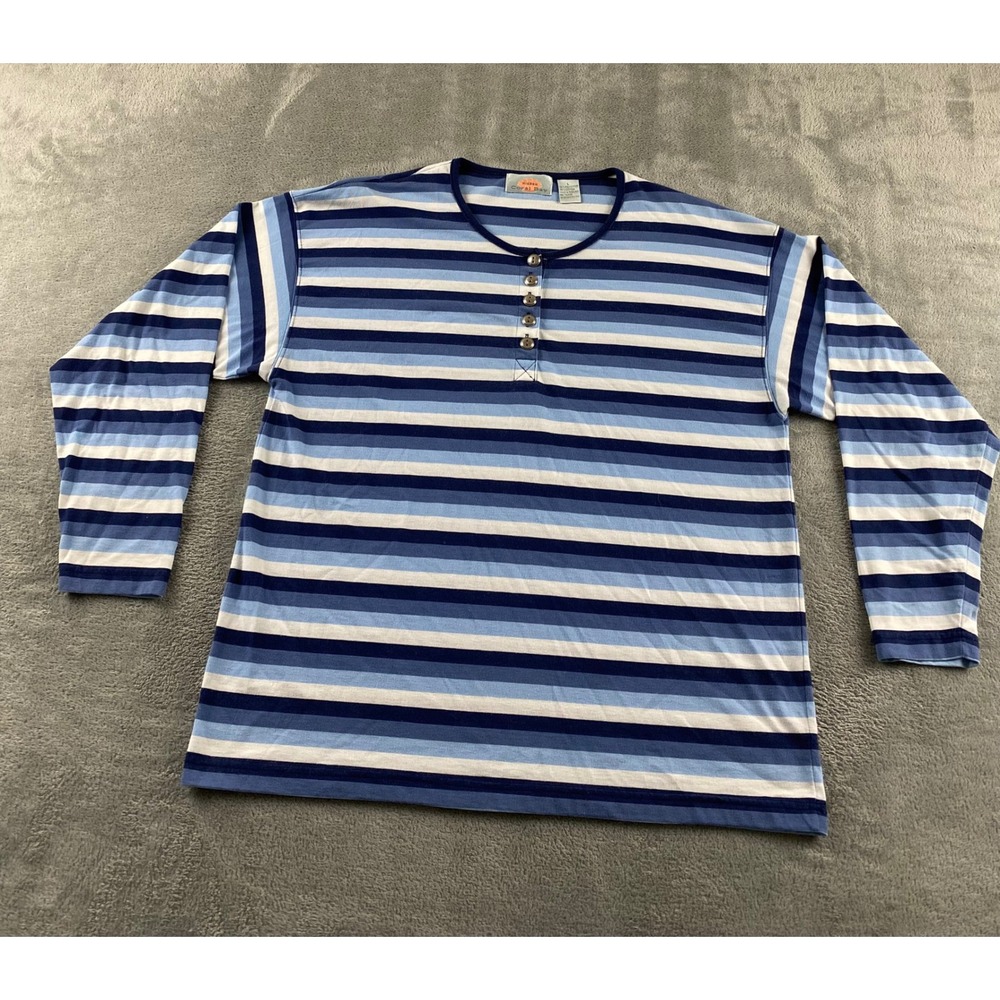 Coral Bay Womens Large Blue Striped Long Sleeve Henley Top Cotton Blend Nautical